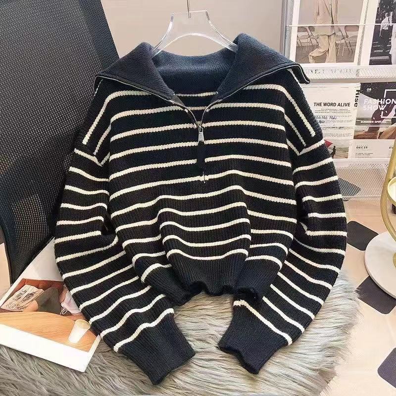 Women's Striped Zipper Collar Sweater, Relaxed Style, Autumn New Fashion, Loose and Stylish, Outerwear Knitwear