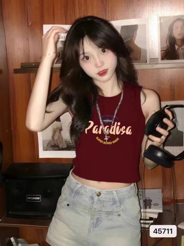 Sweet and cool street girl slim-fitting inner vest for women summer burgundy printed short top sleeveless T