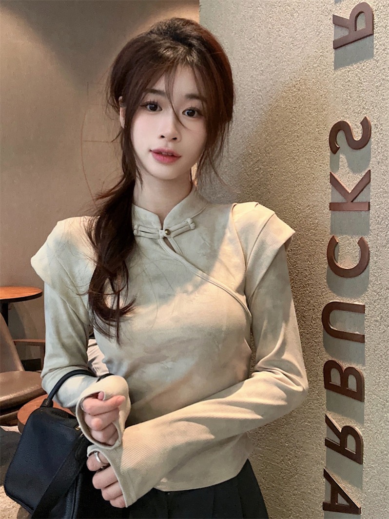 Actual shot ~ early autumn new new Chinese style button-down long-sleeved T-shirt, temperament bottoming shirt, chic top