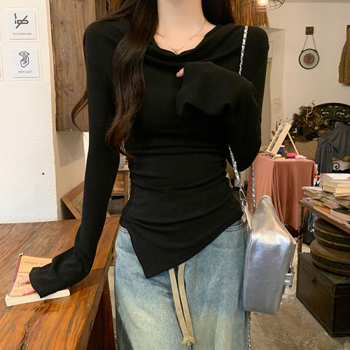 Actual shot of 2024 new design pleated irregular saliva collar long-sleeved T-shirt women's spring and autumn tops