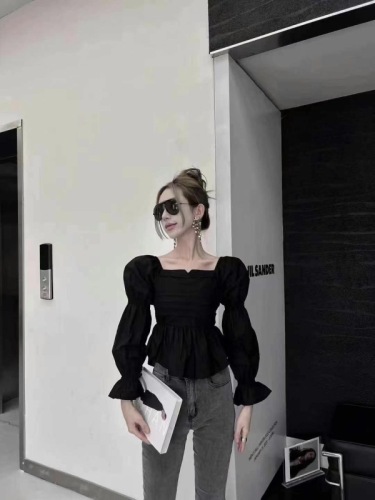 South Korea's Dongdaemun early autumn new fashionable design one-shoulder puff-sleeve shirt western style niche tops