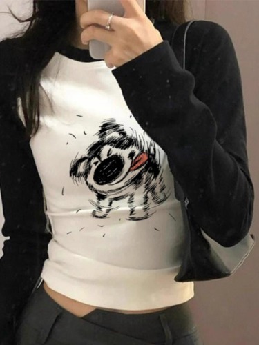 High quality pure cotton 220g 40 count smooth food wool 92 cotton 8 spandex printed slim fit color matching long sleeve T-shirt for women