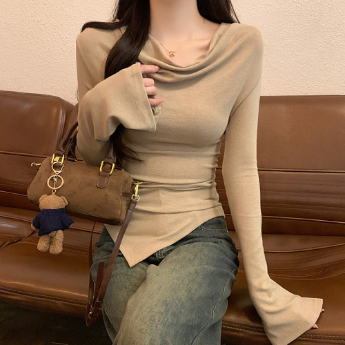 Actual shot of 2024 new design pleated irregular saliva collar long-sleeved T-shirt women's spring and autumn tops