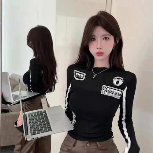 Hot Girl Black and White Contrast Color Chic Letter Print T-Shirt Women's Slim Fit Temperament Versatile Long Sleeve Top Autumn