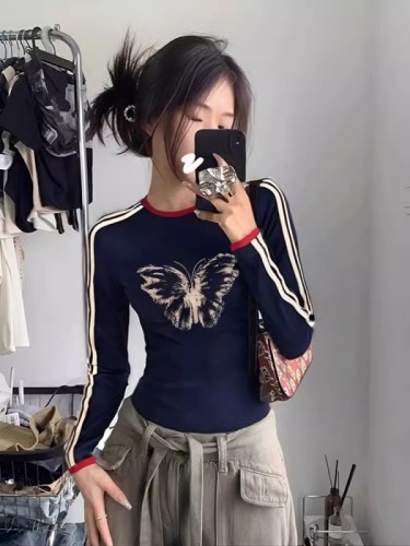 American retro butterfly print long-sleeved t-shirt for women autumn 2024 new slim fit inner layering shirt top