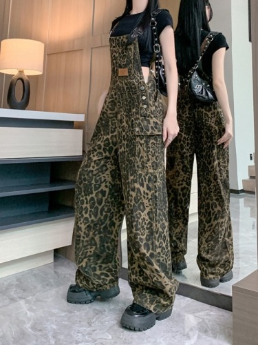 Real shot ~ American retro high street leopard print denim overalls for women with loose design niche straight trousers