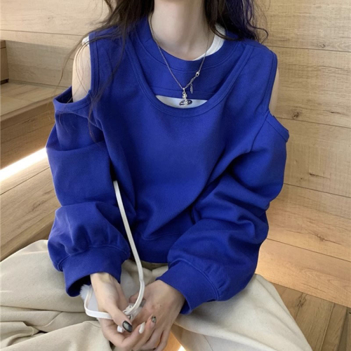 Clay blue off-shoulder hooded sweatshirt for women, spring and autumn style, retro loose design, niche short pullover long-sleeved top