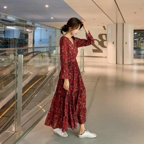 Spring, Autumn and Winter Fashionable Overknee Long Sleeve Waist Cincher Slimming Dress with V-Neck Floral Print 