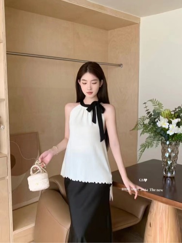 GS blogger wears new summer Korean style sweet color matching sleeveless bow tie blouse vest top women's clothing