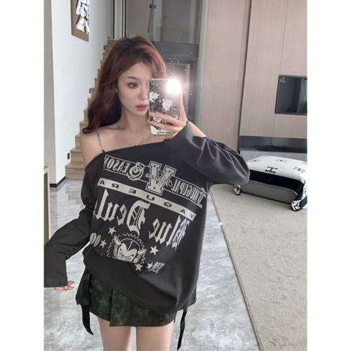 Designed sweet and spicy suspender long-sleeved off-shoulder printed T-shirt top