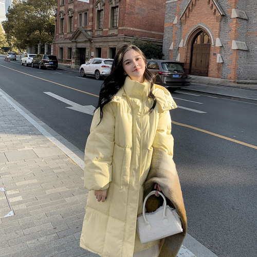 Milkfufu light yellow down cotton coat for women mid-length 2024 winter new hooded thickened over-the-knee coat for small people