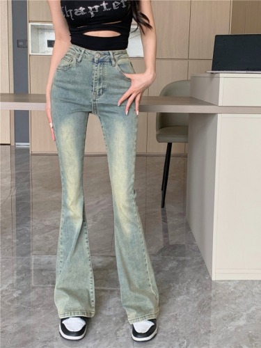 Real shot!  High-waisted slim retro micro-flare pants new wide-leg straight denim trousers