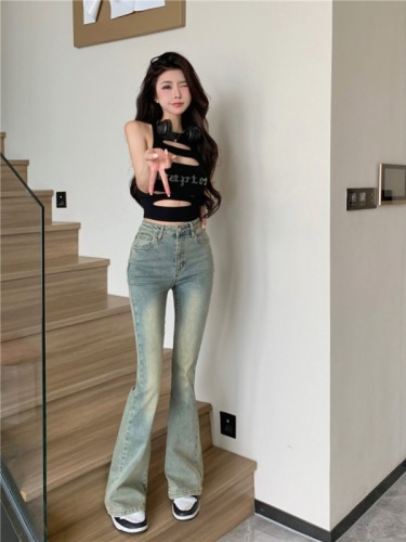 Real shot!  High-waisted slim retro micro-flare pants new wide-leg straight denim trousers