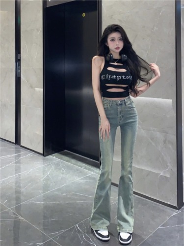 Real shot!  High-waisted slim retro micro-flare pants new wide-leg straight denim trousers