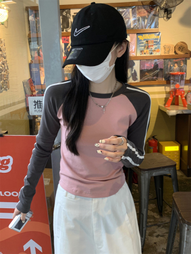 Real shot early autumn 2024 Korean style contrasting color slim raglan strip design pure cotton long-sleeved T-shirt women's top