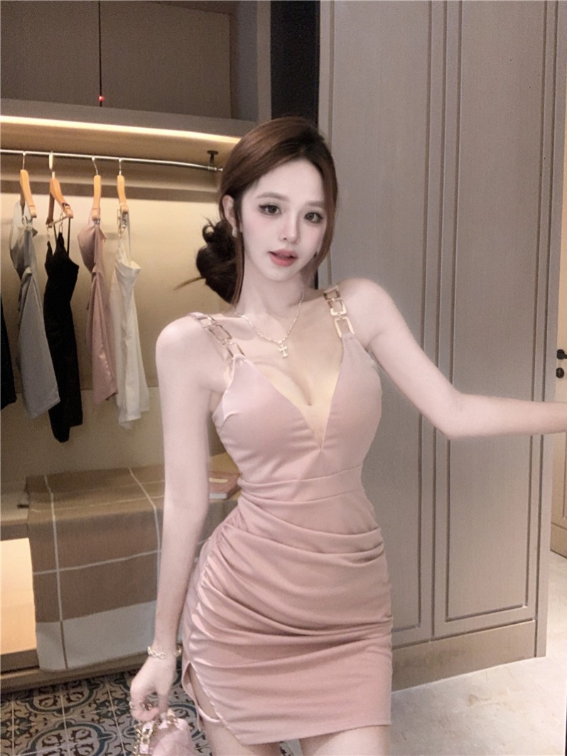 實拍~純欲辣妹性感金屬扣肩帶設計感收腰顯瘦小個子包臀短裙