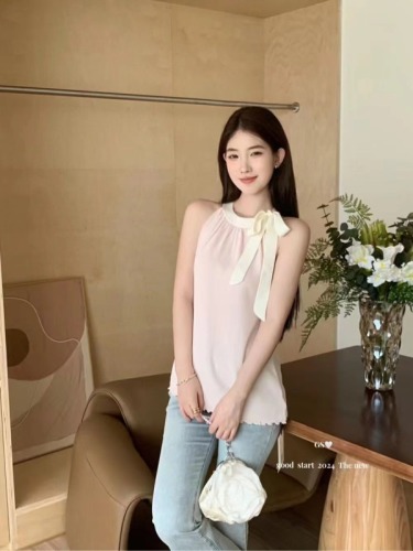 GS blogger wears new summer Korean style sweet color matching sleeveless bow tie blouse vest top women's clothing