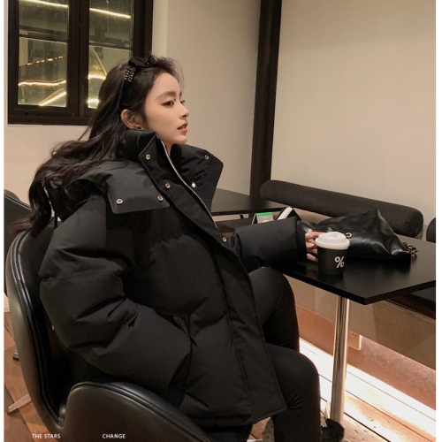 Blue hooded short down jacket for women 2024 new small Korean style thickened and slimming cotton coat