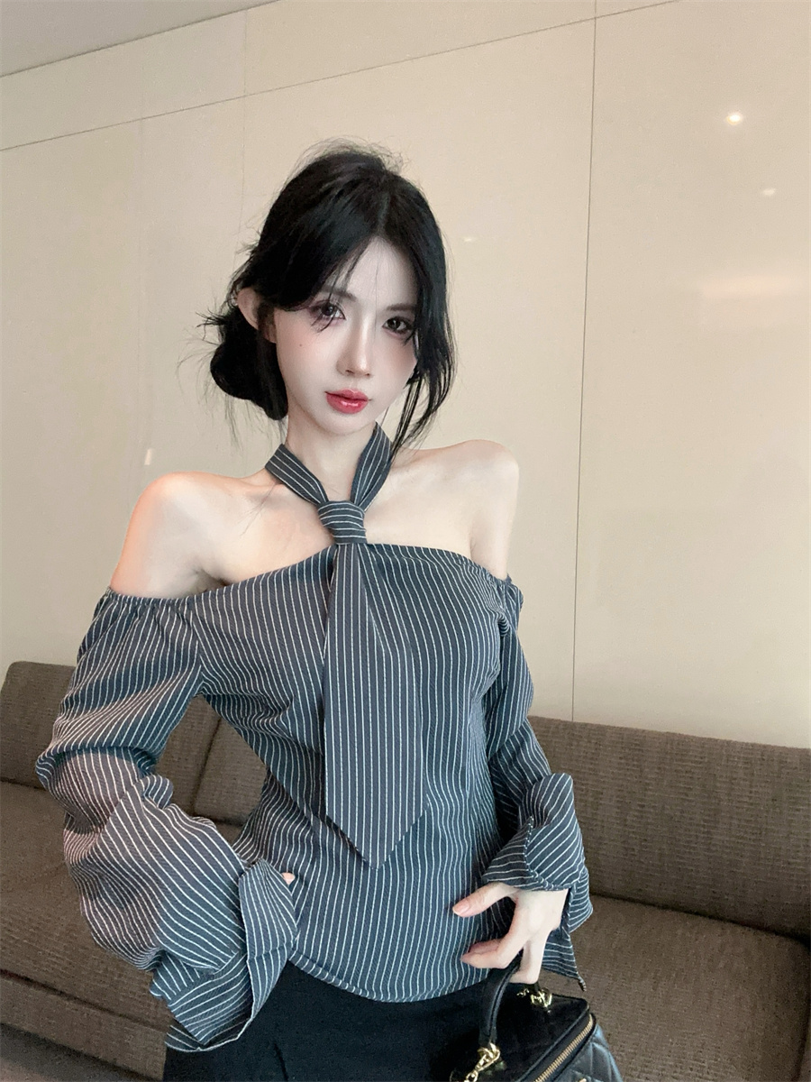 #Actual Shoot# European and American niche design bow tie hanging neck long sleeve women's bandage off-shoulder striped versatile top