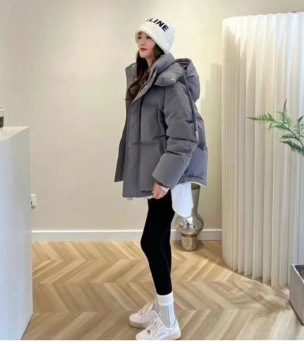 Blue hooded short down jacket for women 2024 new small Korean style thickened and slimming cotton coat