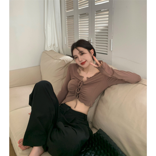 Actual shot ~ Irregular T-shirt for women, V-neck slim fit, autumn short, tight-fitting drawstring design, niche top