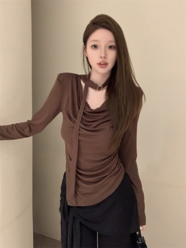 Actual shot of new autumn clothing pure lust hottie sexy sparkling swing collar scarf tie long-sleeved T-shirt for women