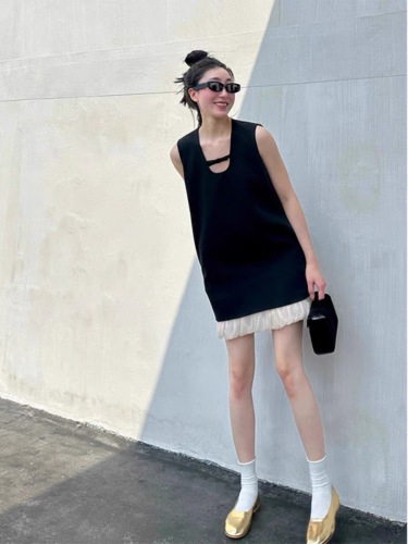 2024 summer new style French high-end hem soft gauze stitching sleeveless A-line vest dress for women