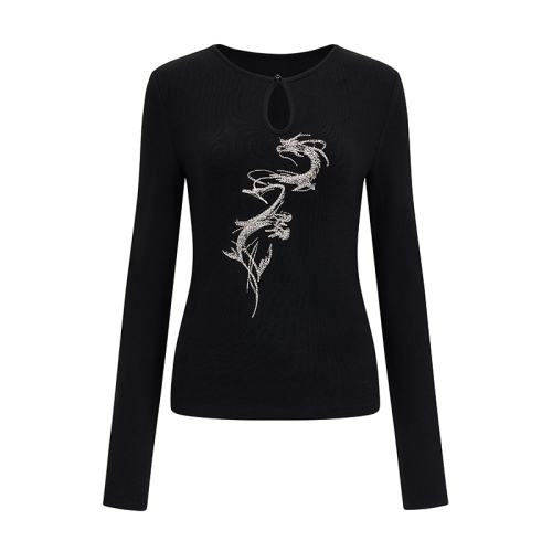 2024 Slim and Slim Chinese Style Casual Long Sleeve Dragon Pattern Embroidery New Chinese Style T-shirt Bead Button Bottoming Top Super Slim