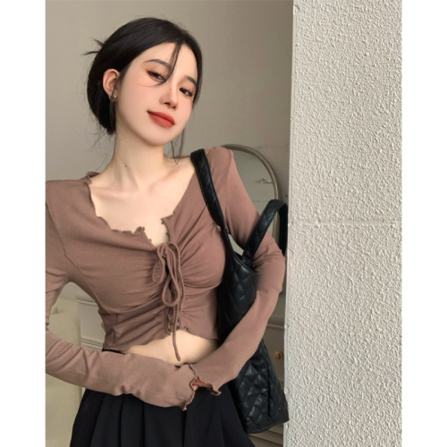 Actual shot ~ Irregular T-shirt for women, V-neck slim fit, autumn short, tight-fitting drawstring design, niche top