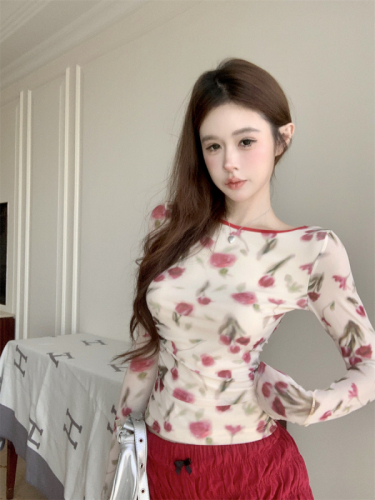 Oxygen Girl Romantic Tulip Contrast Color Long Sleeve T-Shirt Fashionable Design Strap Backless Bottoming Top