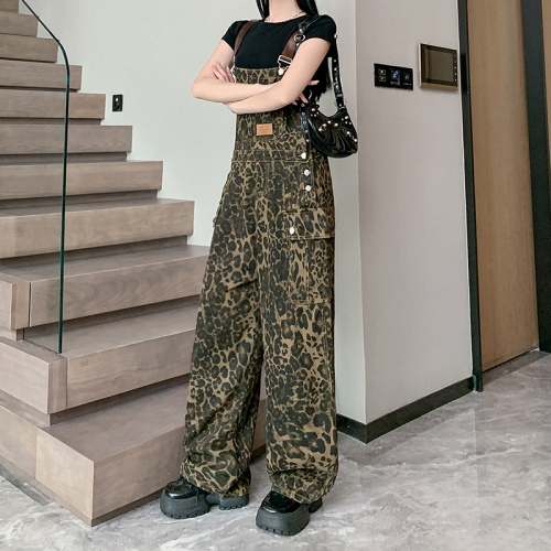 Real shot ~ American retro high street leopard print denim overalls for women with loose design niche straight trousers