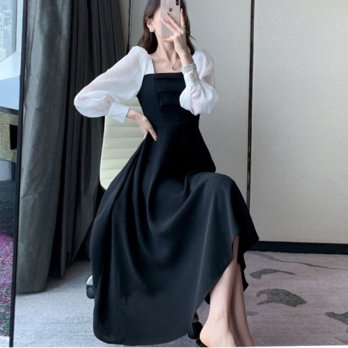 Autumn Fat Sister French Retro Square Neck Slim Dress Plus Size Women's Hepburn Style Waist Long Sleeve Little Black Dress