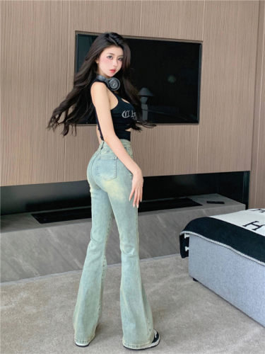 Real shot!  High-waisted slim retro micro-flare pants new wide-leg straight denim trousers