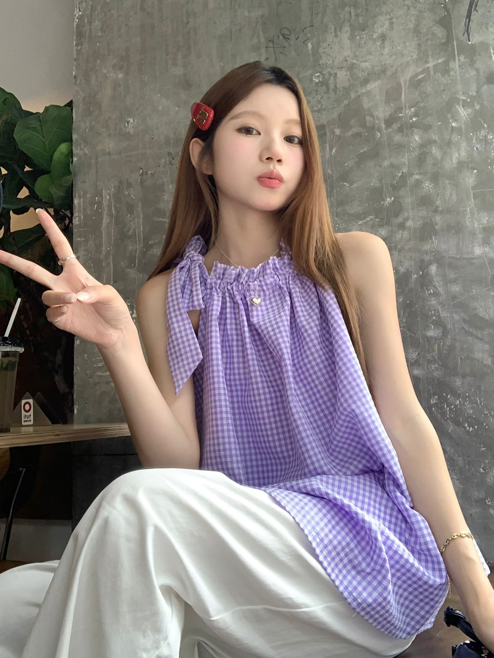 Actual shot 2024 ~ Halterneck lace-up green plaid vest for women, versatile loose A-line casual sleeveless top