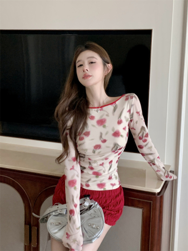 Oxygen Girl Romantic Tulip Contrast Color Long Sleeve T-Shirt Fashionable Design Strap Backless Bottoming Top