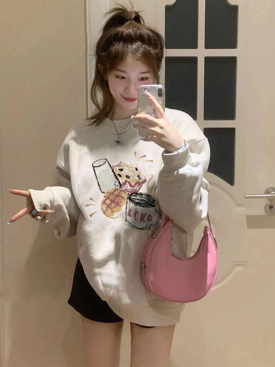 CVC cotton pasta wool Chinese cotton composite/milk silk 300g silver fox velvet 400g front printed round neck sweatshirt for women