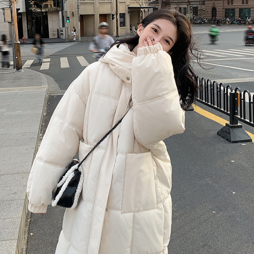 Milkfufu light yellow down cotton coat for women mid-length 2024 winter new hooded thickened over-the-knee coat for small people