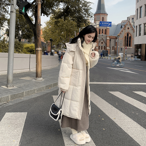 Milkfufu light yellow down cotton coat for women mid-length 2024 winter new hooded thickened over-the-knee coat for small people