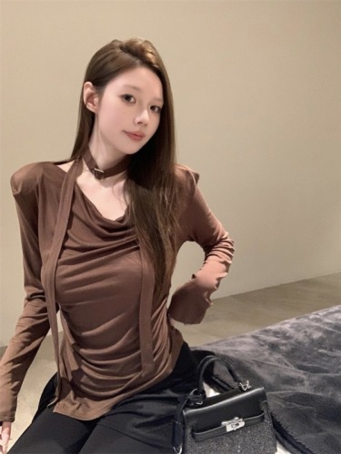 Actual shot of new autumn clothing pure lust hottie sexy sparkling swing collar scarf tie long-sleeved T-shirt for women