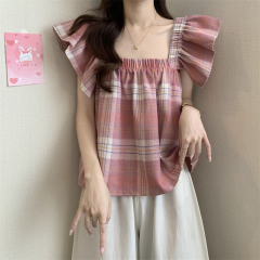 Actual shot of new irregular ruffled tie-dyed flying sleeves vest for women