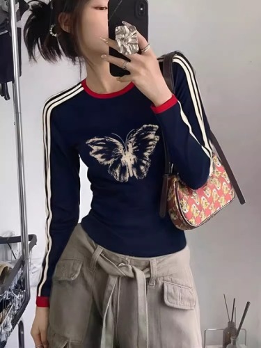 American retro butterfly print long-sleeved t-shirt for women autumn 2024 new slim fit inner layering shirt top