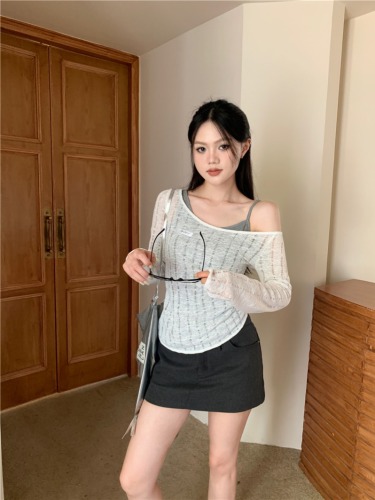 Real shot of fake two-piece knitted sweater long-sleeved hollow irregular bottoming shirt top