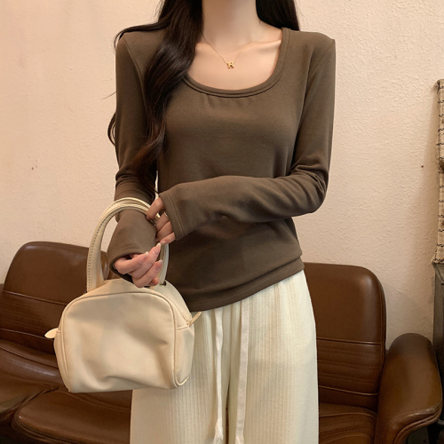 Actual shot of 2024 spring and autumn Korean style loose threaded square collar solid color short bottoming shirt long sleeve T-shirt for women