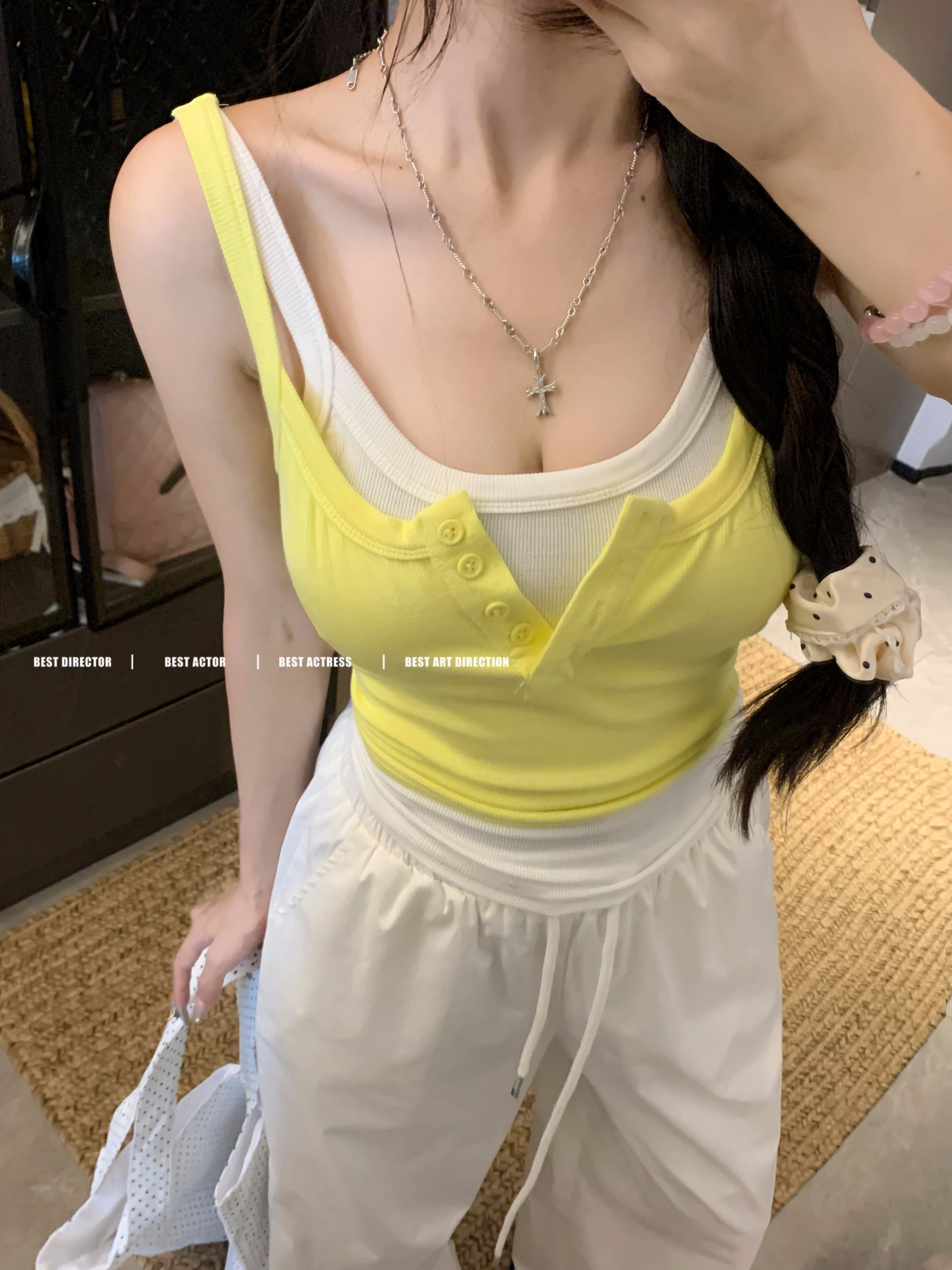 Fake two-piece contrasting sling back summer heart-feminine beautiful back slimming short pure lust hot girl trendy top