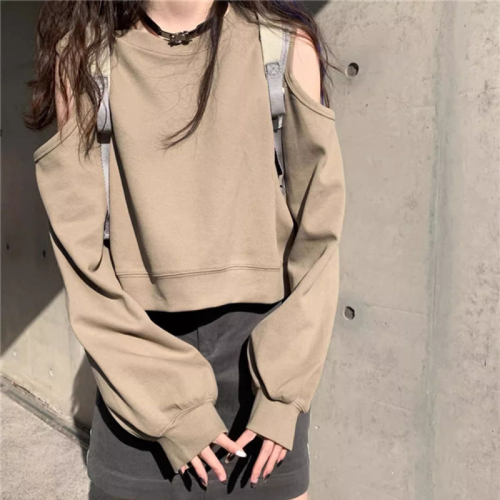 Clay blue off-shoulder hooded sweatshirt for women, spring and autumn style, retro loose design, niche short pullover long-sleeved top