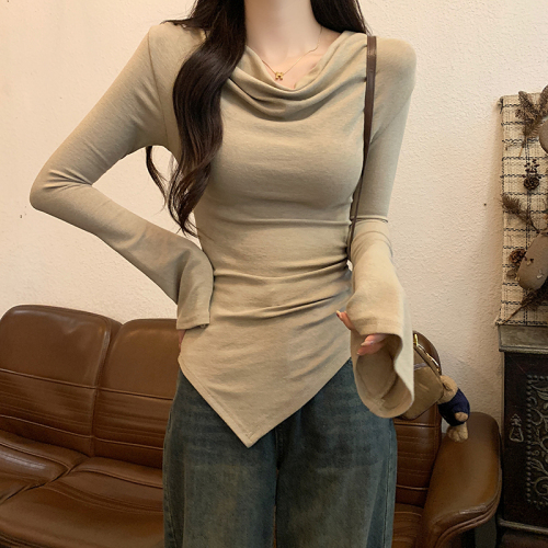 Actual shot of 2024 new design pleated irregular saliva collar long-sleeved T-shirt women's spring and autumn tops