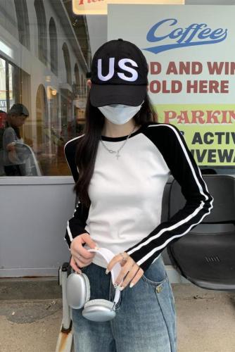 Real shot early autumn 2024 Korean style contrasting color slim raglan strip design pure cotton long-sleeved T-shirt women's top