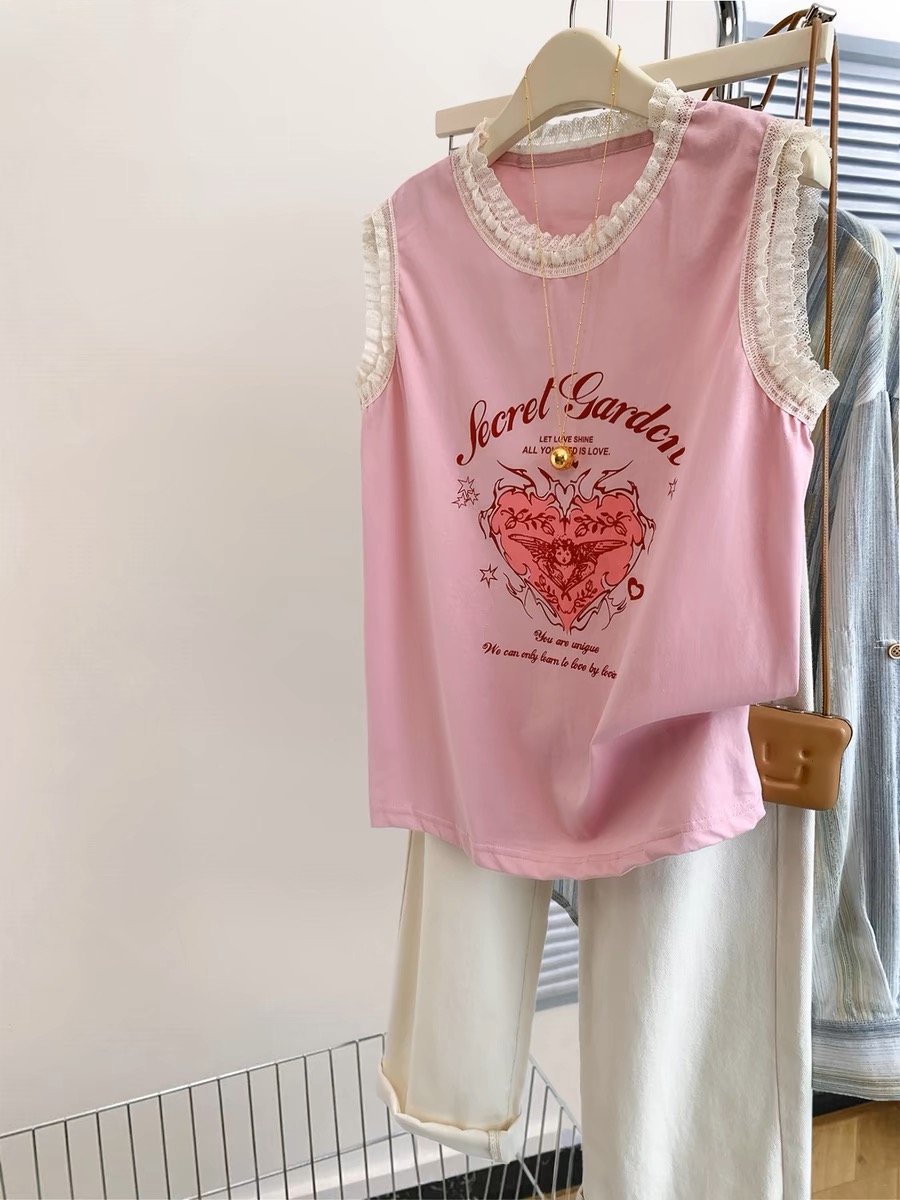 Lace love sleeveless t-shirt for women summer 2024 new style vest top