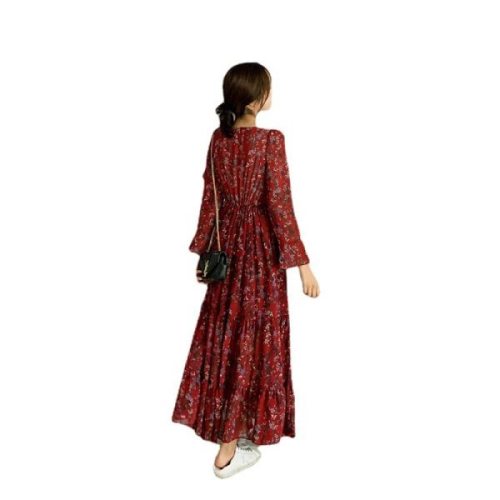 Spring, Autumn and Winter Fashionable Overknee Long Sleeve Waist Cincher Slimming Dress with V-Neck Floral Print 