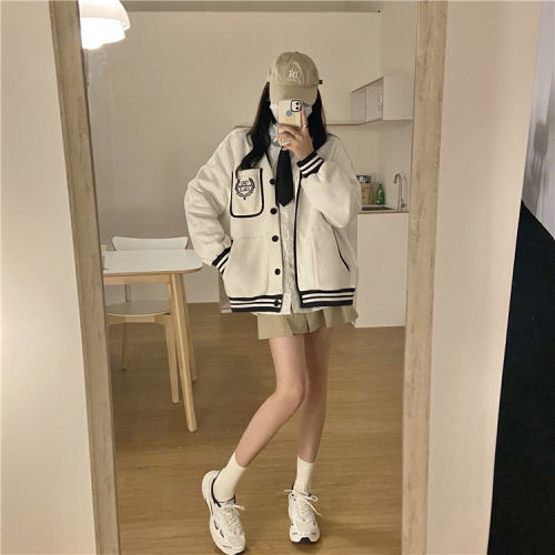 Japanese small fragrance style cardigan sweatshirt for women in autumn and winter large size Korean version street student Jk embroidery loose jacket trend 61